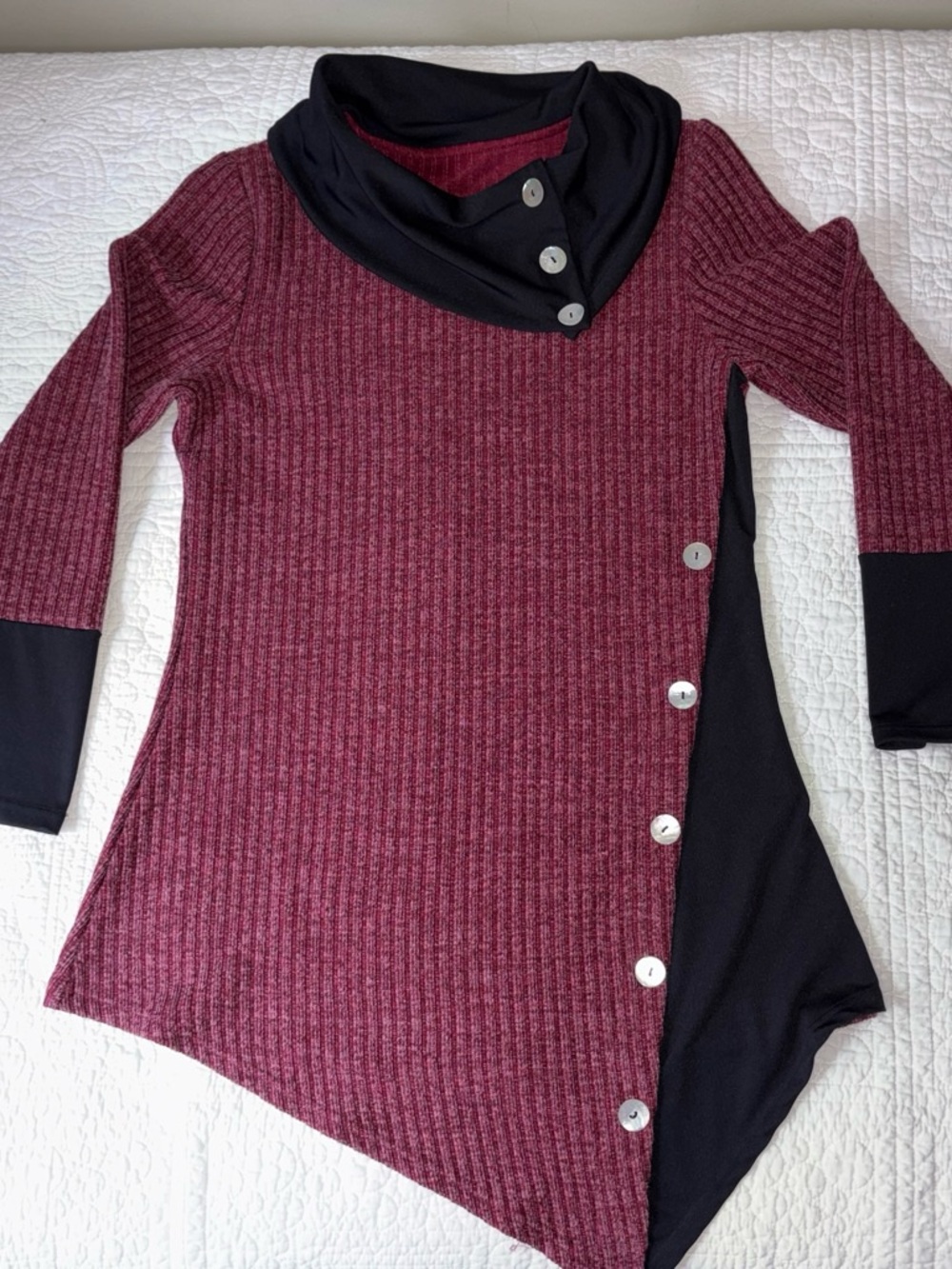 Women’s Burgundy Ribbed Asymmetrical Tunic with Black Accents